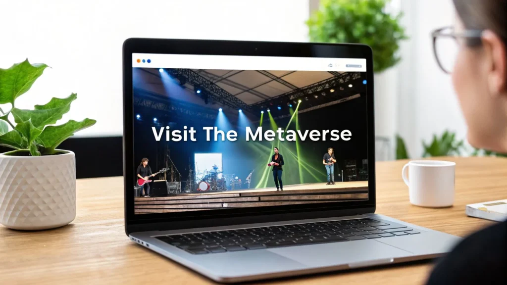 Laptop showing virtual concert with text “Visit the Metaverse” on screen.