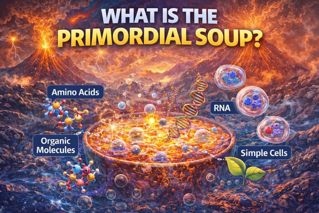 Primordial soup concept showing volcanic Earth, lightning, bubbling pool with organic molecules, RNA, and early simple cells.