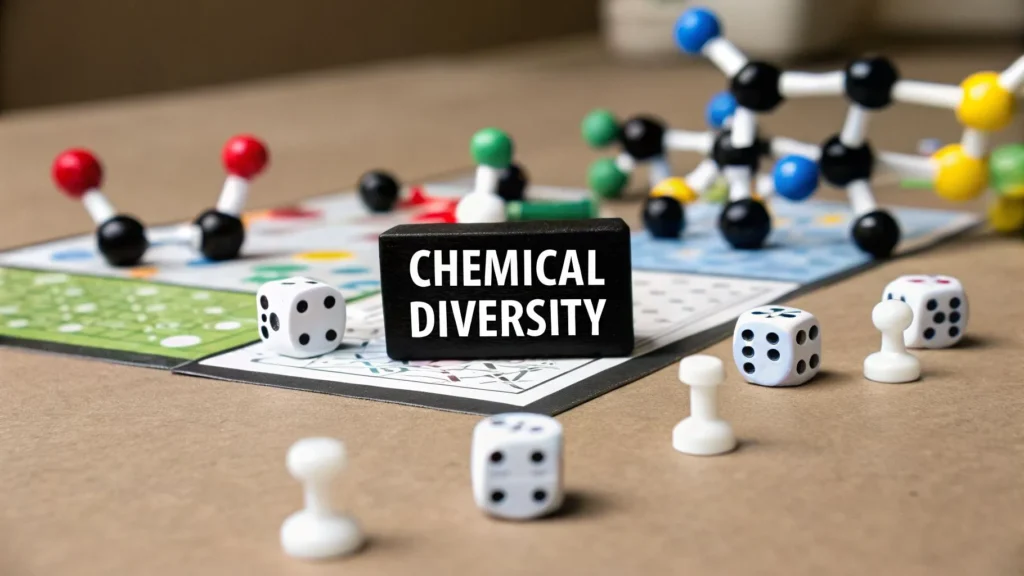 What Is the Primordial Soup Explaining Life's Origins Board with molecule models, dice, and pieces, labeled “Chemical Diversity,” illustrating varied compounds and interactions.