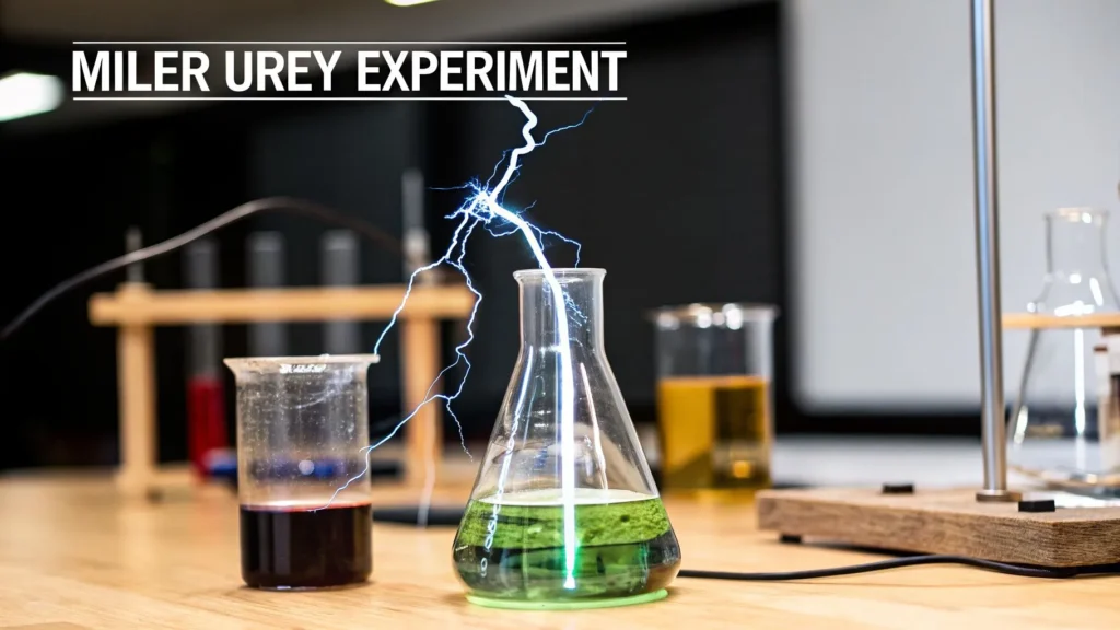 What Is the Primordial Soup Explaining Life's Origins Lab setup of Miller-Urey experiment with flasks, liquids, and electric spark simulating early Earth conditions.