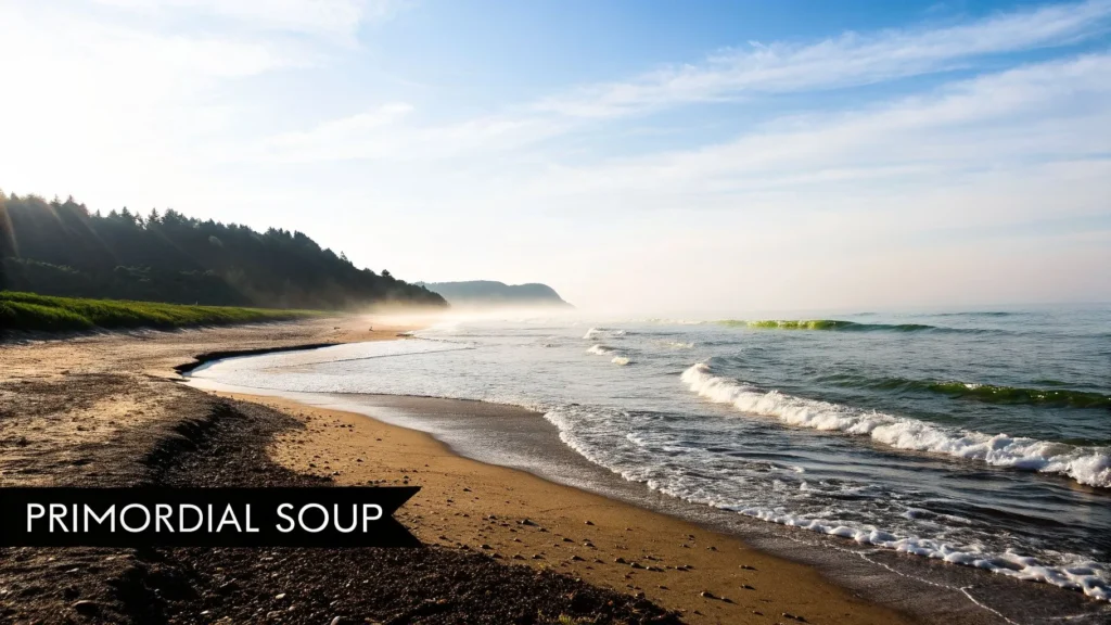 What Is the Primordial Soup Explaining Life's Origins Misty beach with waves, forested shoreline and hills under blue sky, labeled “Primordial Soup”.