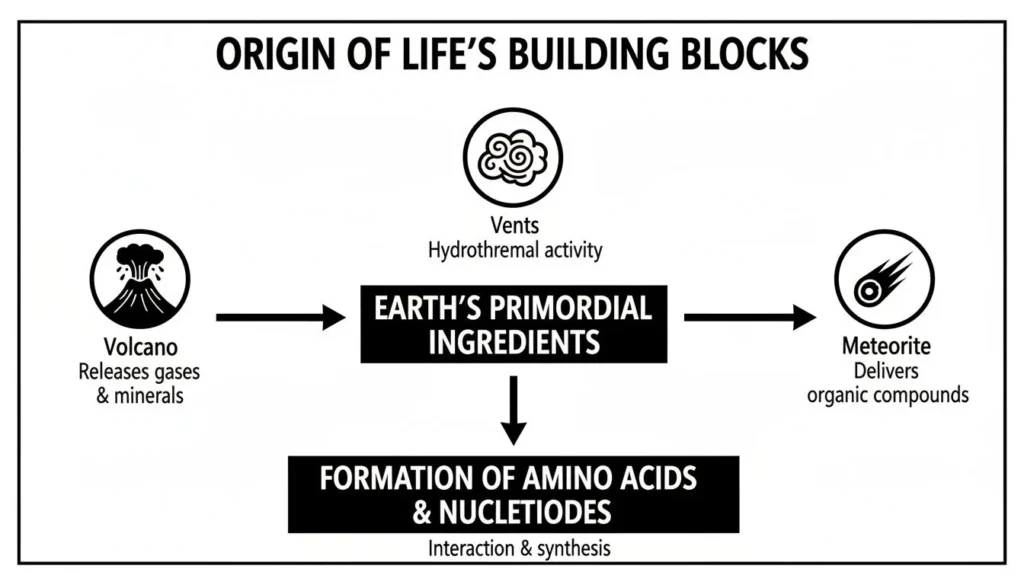 What Is the Primordial Soup Explaining Life's Origins Diagram showing origin of life’s building blocks from volcanoes, vents, and meteorites forming amino acids and nucleotides.