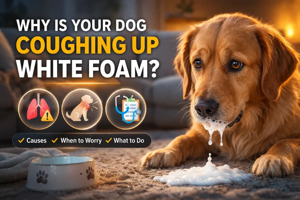 Dog coughing up white foam on floor with headline text and icons showing possible causes and health warning indicators.