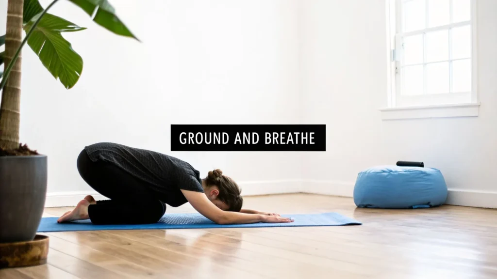 Person practicing child’s pose yoga on a mat in a bright room with text “Ground and Breathe,” illustrating stress relief and mindfulness.