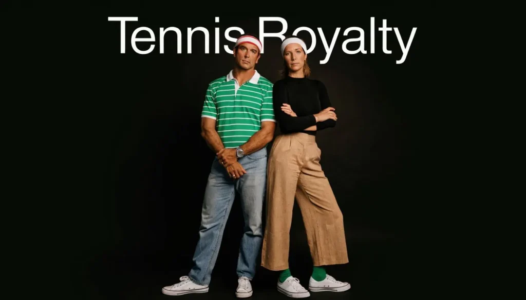 Andre Agassi Steffi Graf: An Enduring Tennis Legacy Two tennis-inspired models posing against a black background with “Tennis Royalty” text above.