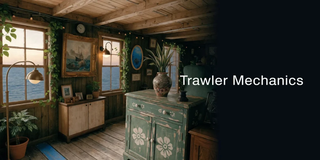 Animal Crossing Redd: Your Ultimate Art Guide Cozy cabin interior with wooden decor, ocean view windows, plants, and vintage furniture, labeled “Trawler Mechanics”