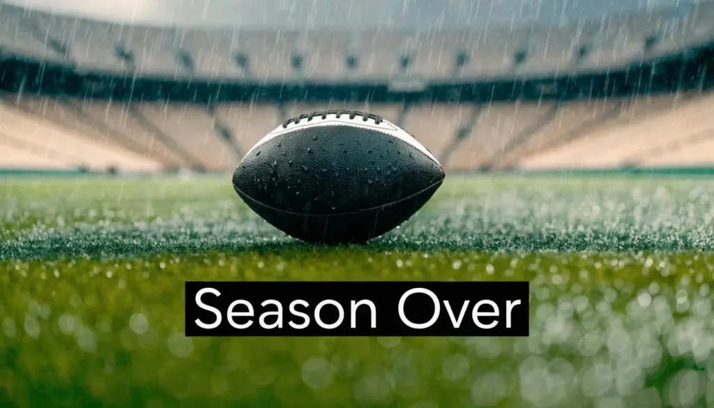 Football resting on a rainy field in an empty stadium with text reading Season Over.
