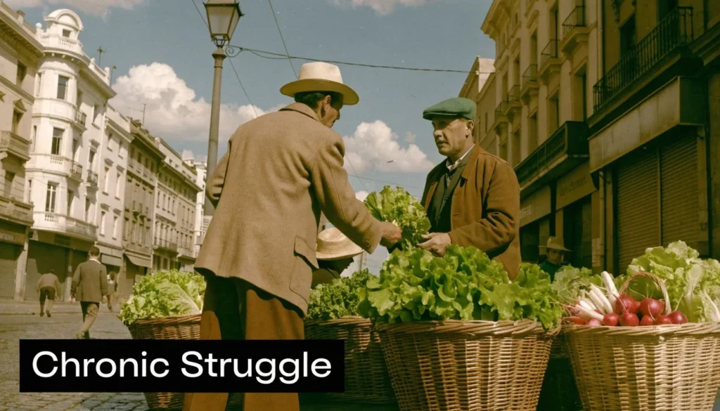 Argentina Inflation Rate: A Complete 2026 Explainer Vintage-style street market scene with vendors selling vegetables under “Chronic Struggle” text.