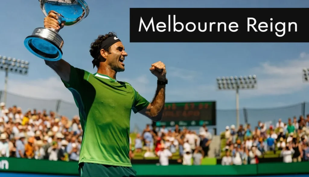 Tennis player celebrates with trophy on court during Melbourne tournament with text reading Melbourne Reign.