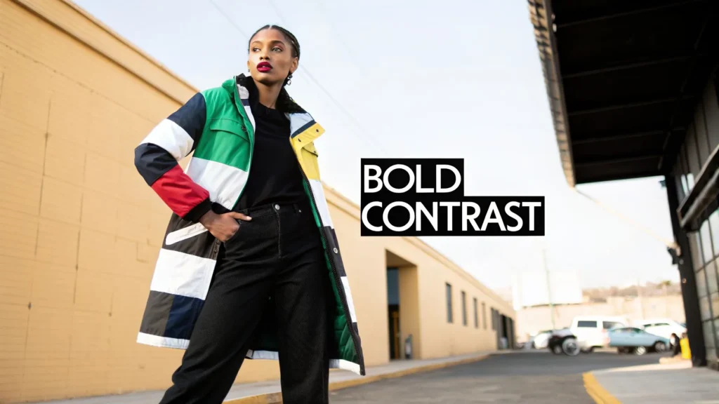 Woman in colorful jacket and black outfit posing outdoors, text “Bold Contrast” displayed