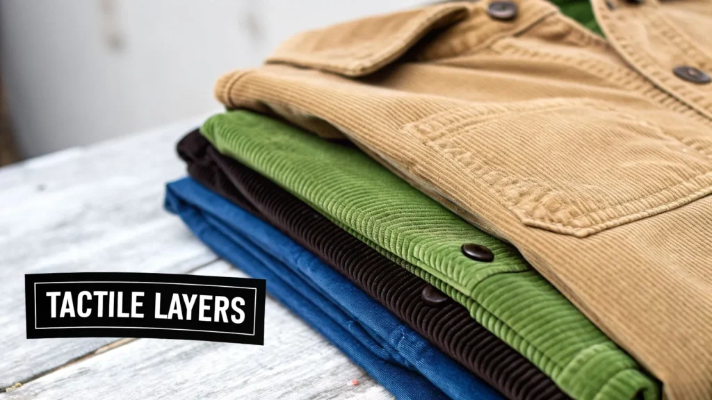Stack of folded corduroy clothes in earthy tones with “Tactile Layers” text on wooden surface