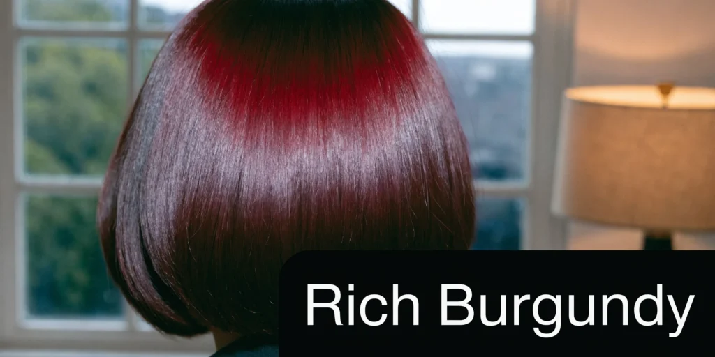 Glossy dark bob haircut with rich burgundy highlights under soft indoor lighting.