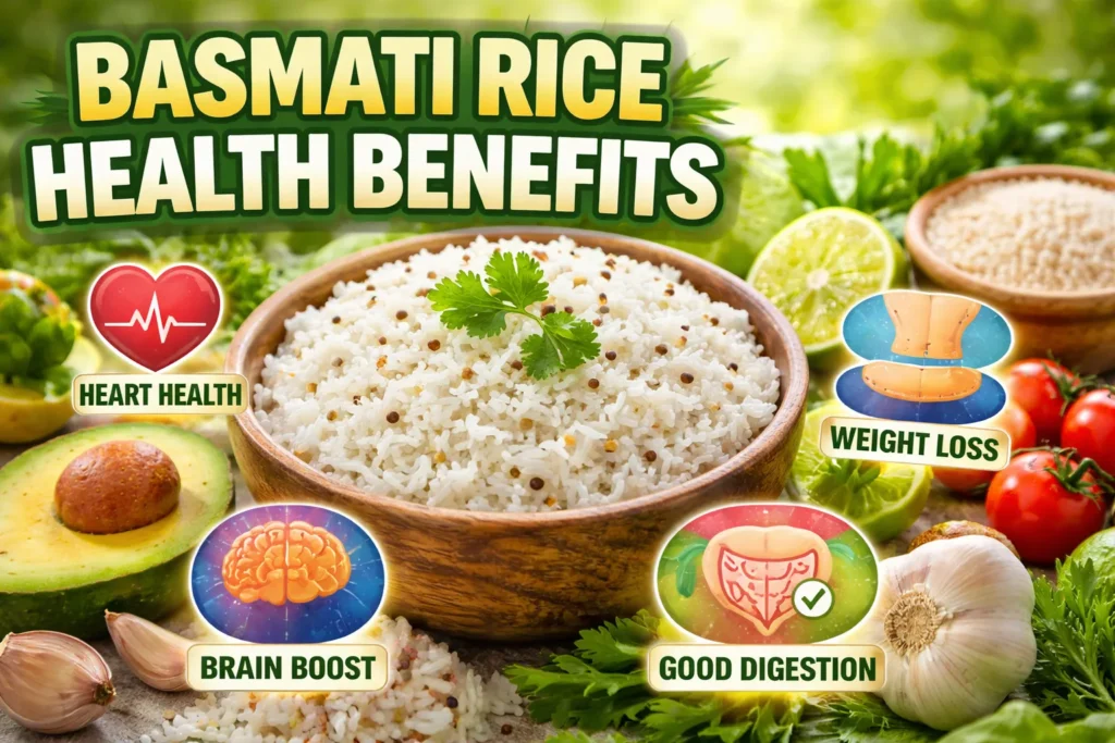 Basmati Rice Health Benefits Your Complete 2026 Guide Thumbnail with bowl of basmati rice, fresh vegetables, and icons highlighting heart health, weight loss, brain boost, digestion