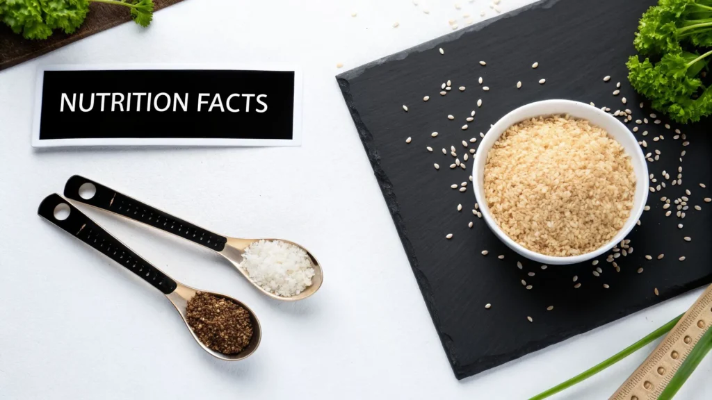 Bowl of grains with seeds, salt, and spices on a board, labeled “Nutrition Facts” highlighting healthy ingredients