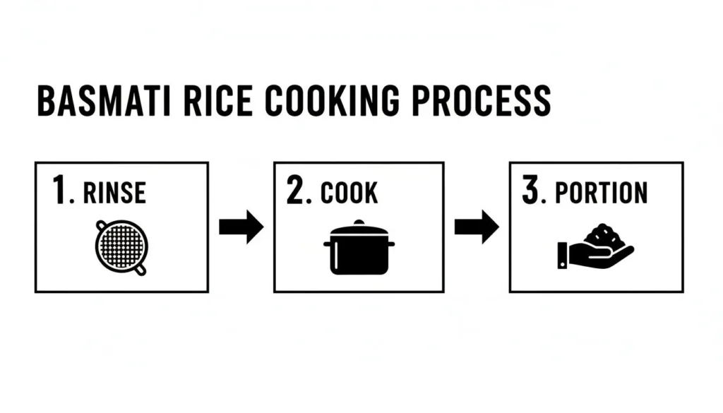 Infographic of basmati rice cooking process: rinse, cook, and portion steps shown with simple icons