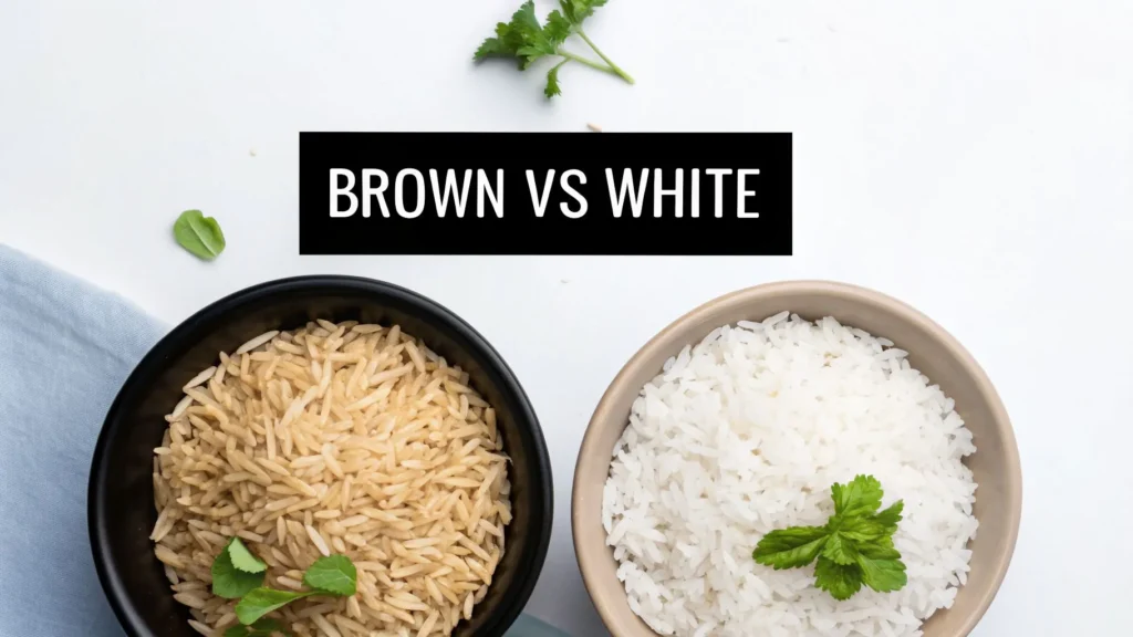 Bowls of brown and white rice side by side with text “Brown vs White” comparing rice types