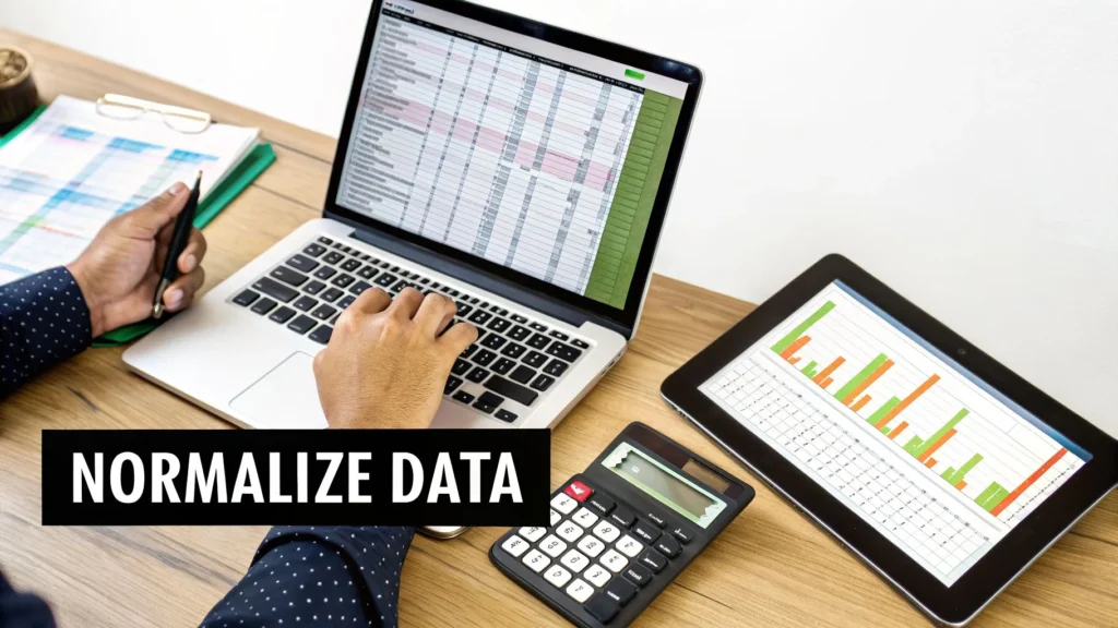Your Guide to Benchmarking Performance Indicators Person analyzing spreadsheets on laptop and tablet with charts, calculator nearby, caption “Normalize Data”