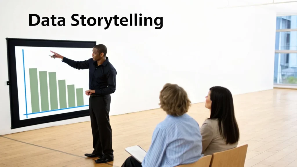 Your Guide to Benchmarking Performance Indicators Presenter explaining a bar chart to two people, illustrating data storytelling in a modern meeting space