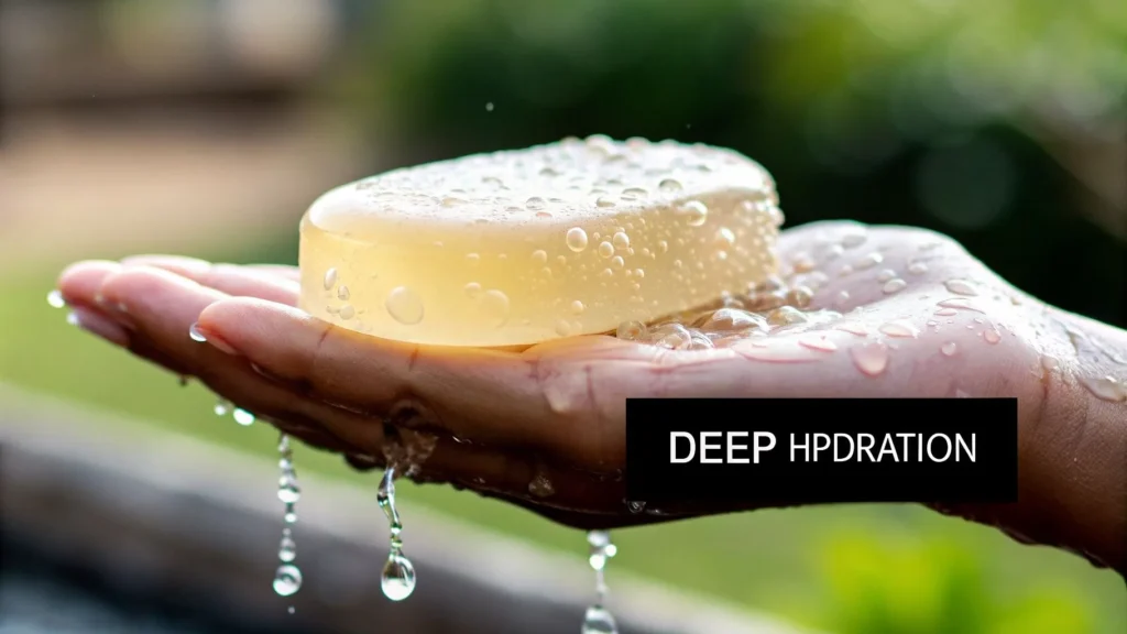 8 Incredible Benefits of Glycerin Soap for Your Skin in 2026 Hand holding wet glycerin soap with water droplets, text “Deep Hydration” displayed