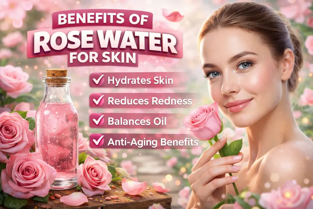 8 Science-Backed Benefits of Rose Water for Skin and Wellness in 2026 Woman holding a rose with glowing skin beside rose water bottle, text highlights hydrating, soothing, and anti-aging benefits.