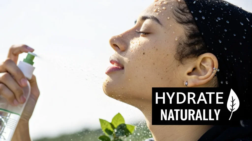 8 Science-Backed Benefits of Rose Water for Skin and Wellness in 2026 Person spraying facial mist on skin with water droplets and text “Hydrate Naturally” promoting natural skincare
