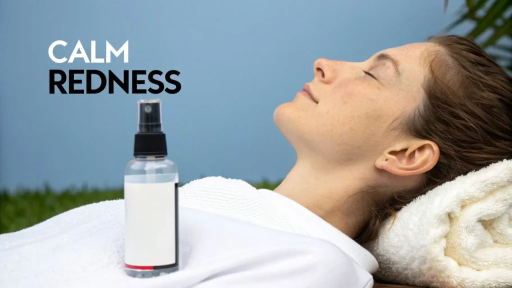 8 Science-Backed Benefits of Rose Water for Skin and Wellness in 2026 Woman relaxing with facial mist bottle beside her and text “Calm Redness” promoting soothing skincare benefits