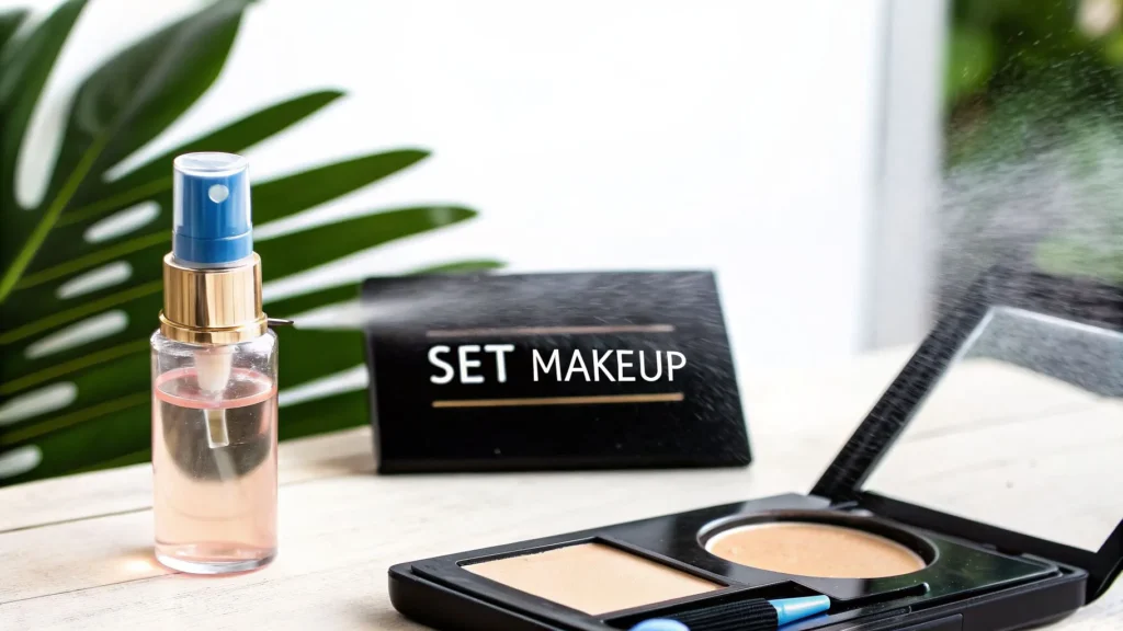 8 Science-Backed Benefits of Rose Water for Skin and Wellness in 2026 Setting spray mist with makeup compact and text “Set Makeup” showing cosmetic use for long-lasting finish