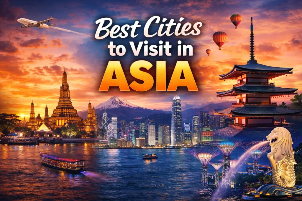 The Ultimate 2026 Guide to the 12 Best Cities to Visit in Asia Colorful Asia travel thumbnail with city skylines, temples, Mount Fuji, hot air balloons, and bold “Best Cities to Visit in Asia” text