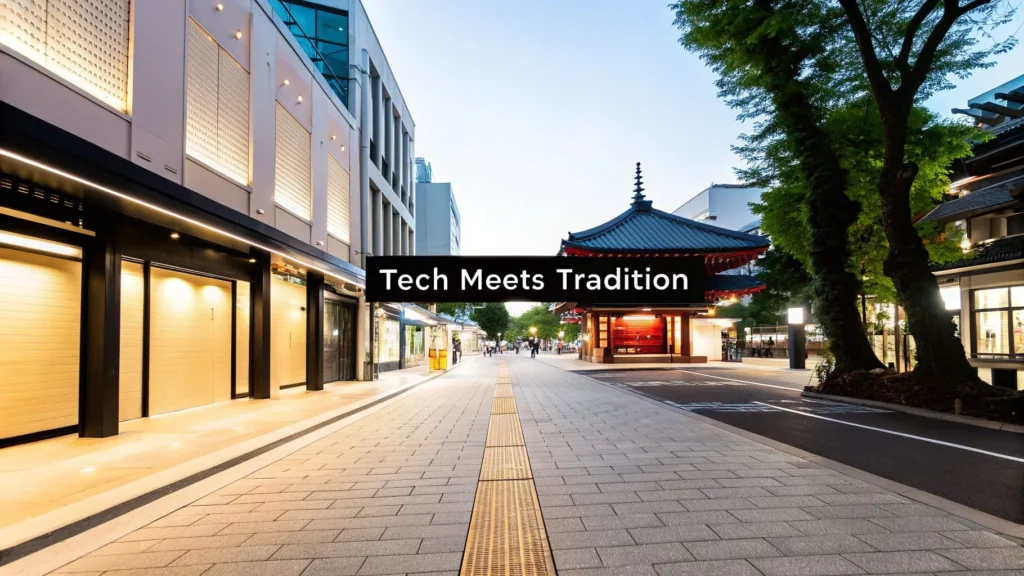 Modern Japanese street with shops and a traditional temple, captioned “Tech Meets Tradition” at dusk