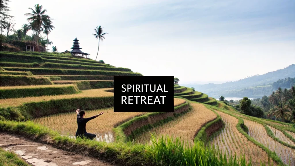 Person meditating in terraced rice fields with temple and text “Spiritual Retreat” highlighting peaceful landscape