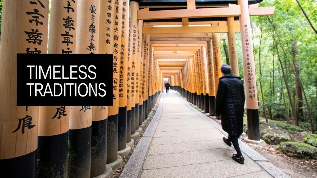 Person walking through torii gates in a forest path with text “Timeless Traditions” highlighting Japanese heritage