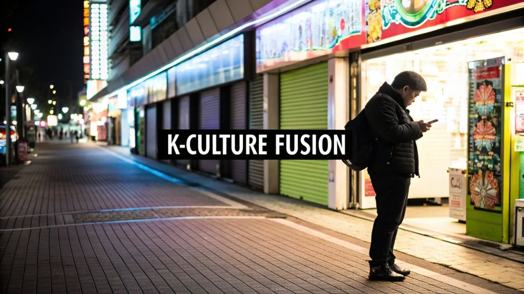 Person using a phone on a neon-lit city street at night, with text “K-Culture Fusion,” showing urban nightlife scene.