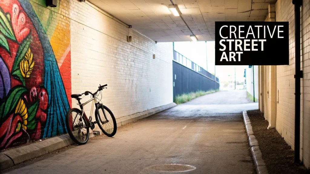 Bicycle beside colorful mural in an urban underpass, with text “Creative Street Art,” showcasing vibrant graffiti scene.