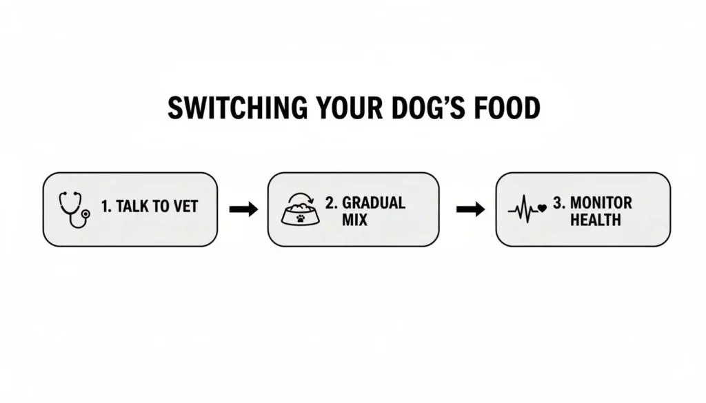 Best Dog Food Brands Recommended by Vets for 2026 Infographic on switching dog food: talk to vet, gradual mix, and monitor health.