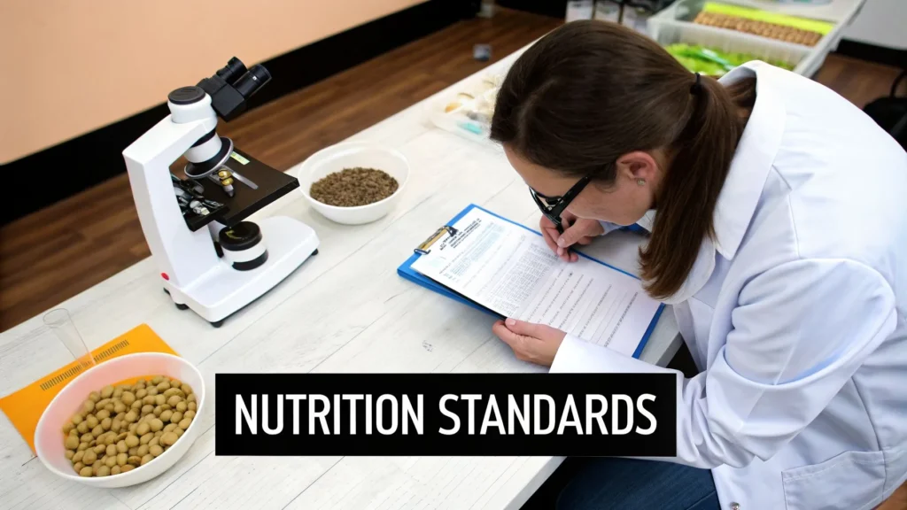Best Dog Food Brands Recommended by Vets for 2026 Scientist reviewing pet food data beside microscope and bowls of kibble, with “Nutrition Standards” text overlay.