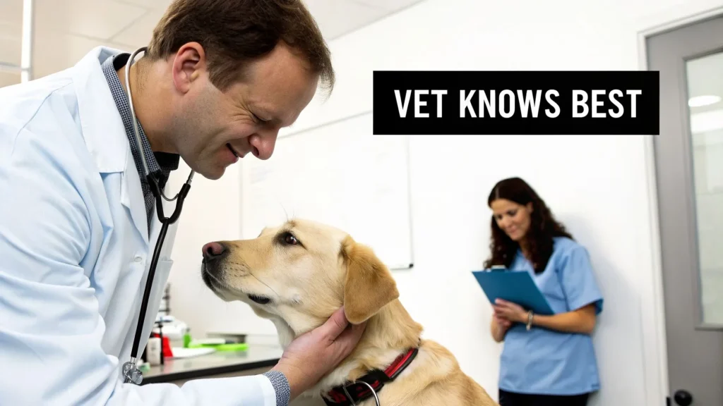 Best Dog Food Brands Recommended by Vets for 2026 Veterinarian examining a dog in clinic while assistant takes notes, with “Vet Knows Best” text overlay.
