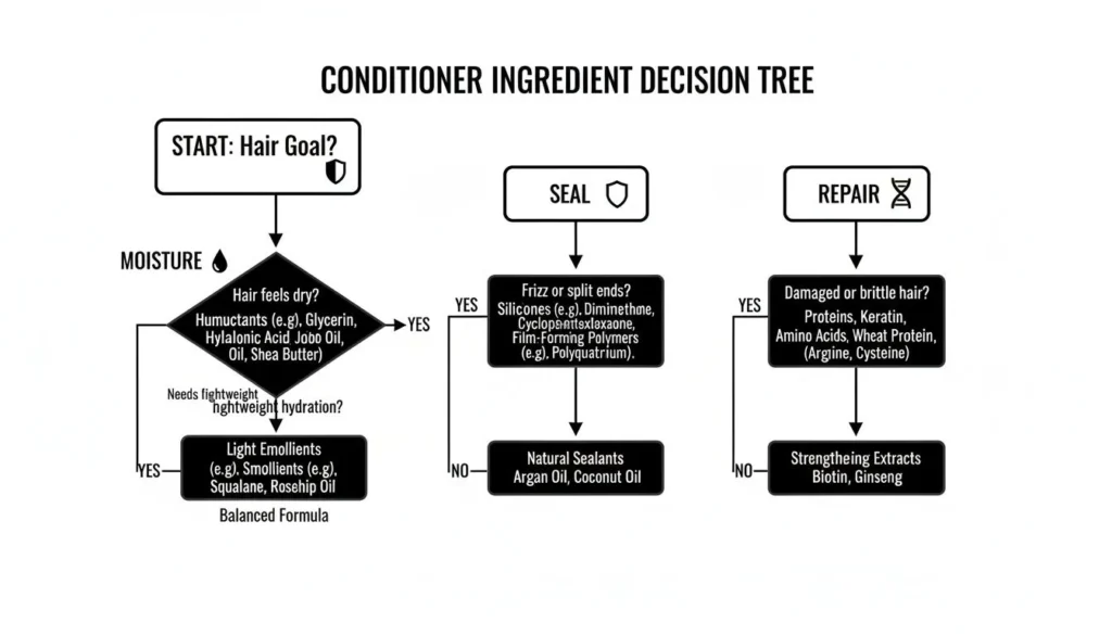 Conditioner ingredient decision tree for moisture, sealing, and repair based on hair goals and condition.