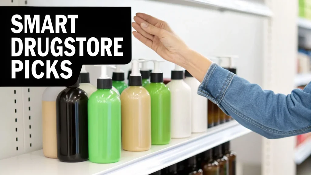 Hand reaching for pump bottles on a store shelf, with text “Smart Drugstore Picks,” showing hair care product selection.