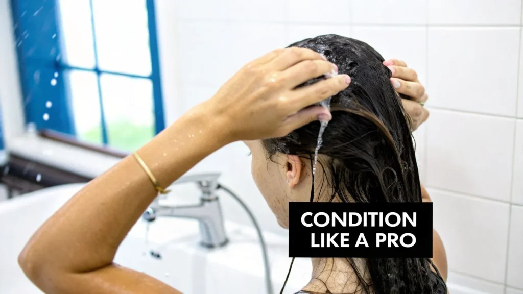 Person applying conditioner to wet hair in shower, with text “Condition Like a Pro.”