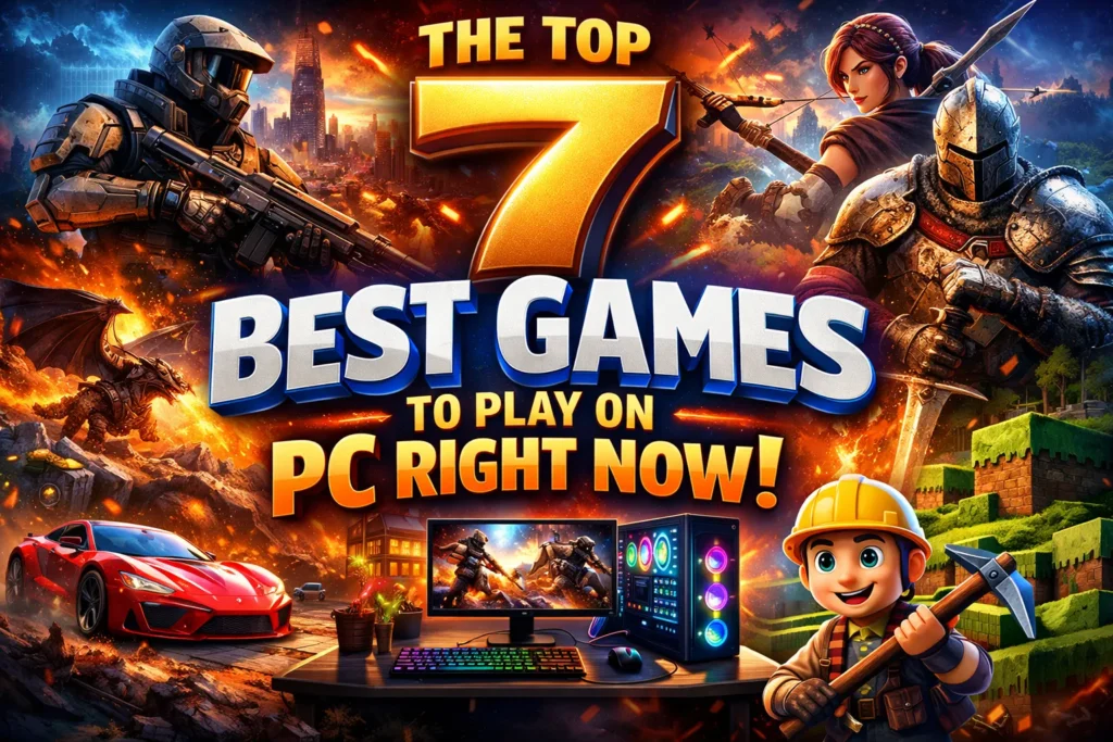 Dynamic gaming thumbnail with large “Top 7 Best Games” text, featuring sci-fi soldier, knight, dragon, PC setup, and vibrant action scenes.