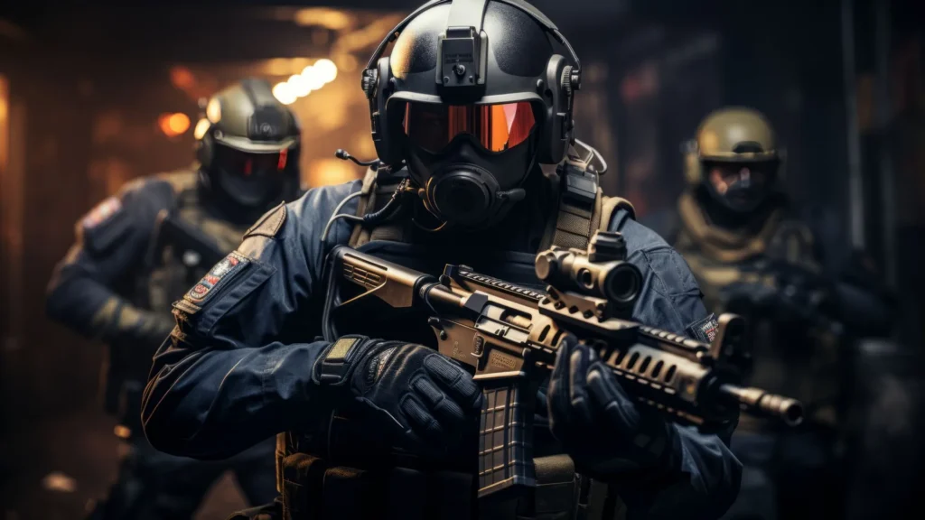 Counter-Strike 2 tactical team in gear advancing indoors, armed soldiers with rifles and helmets in a dim corridor