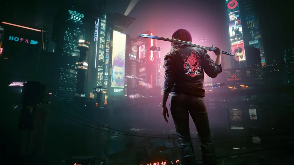 Cyberpunk 2077 character holding a katana overlooking a neon-lit futuristic city skyline at night