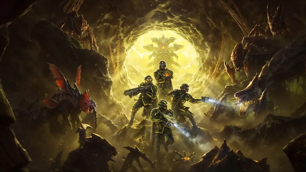 Helldivers 2 squad battling alien creatures near a glowing portal, armed soldiers surrounded by monsters in a chaotic scene