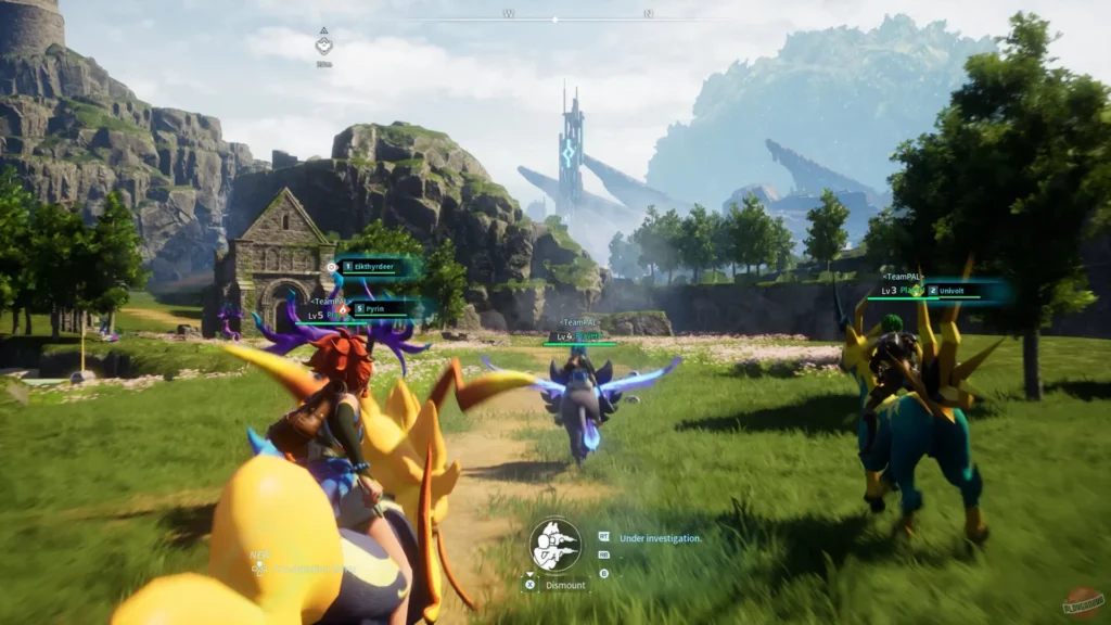 Palworld gameplay showing players riding creatures across a grassy field toward ruins and a futuristic tower