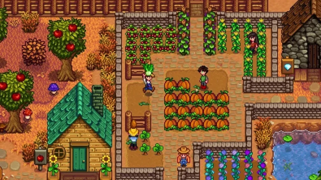 Stardew Valley farm scene with crops, pumpkins, villagers, and a small house in colorful pixel art style