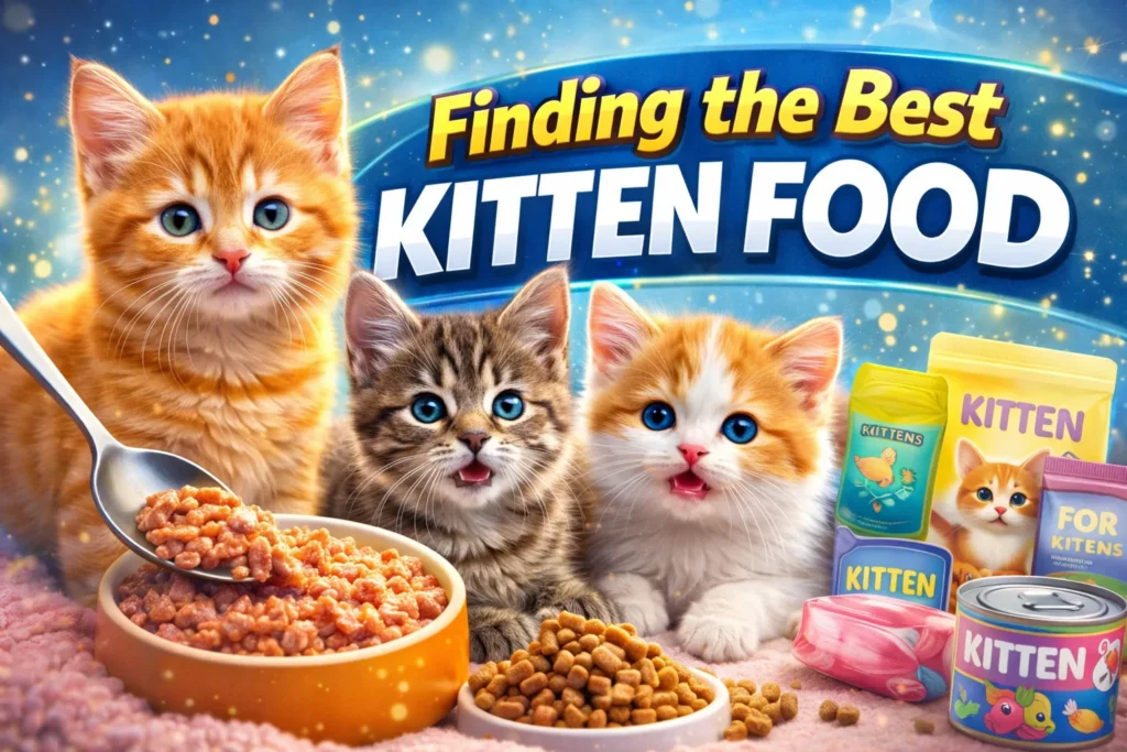 Finding the Best Kitten Food for a Healthy Start Three cute kittens with bowls and packages of food, with bold text “Finding the Best Kitten Food” on colorful background