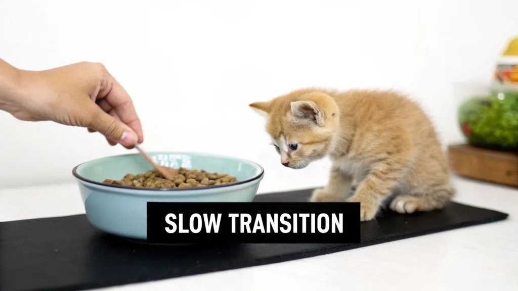 Hand mixing kibble in a bowl while a kitten watches, with text “Slow Transition” about changing cat food.