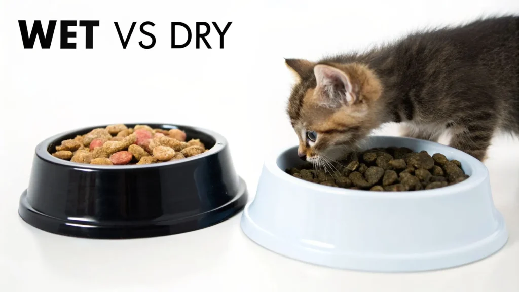 Kitten eating dry food from a bowl beside another bowl, with text “Wet vs Dry” comparing cat food types.