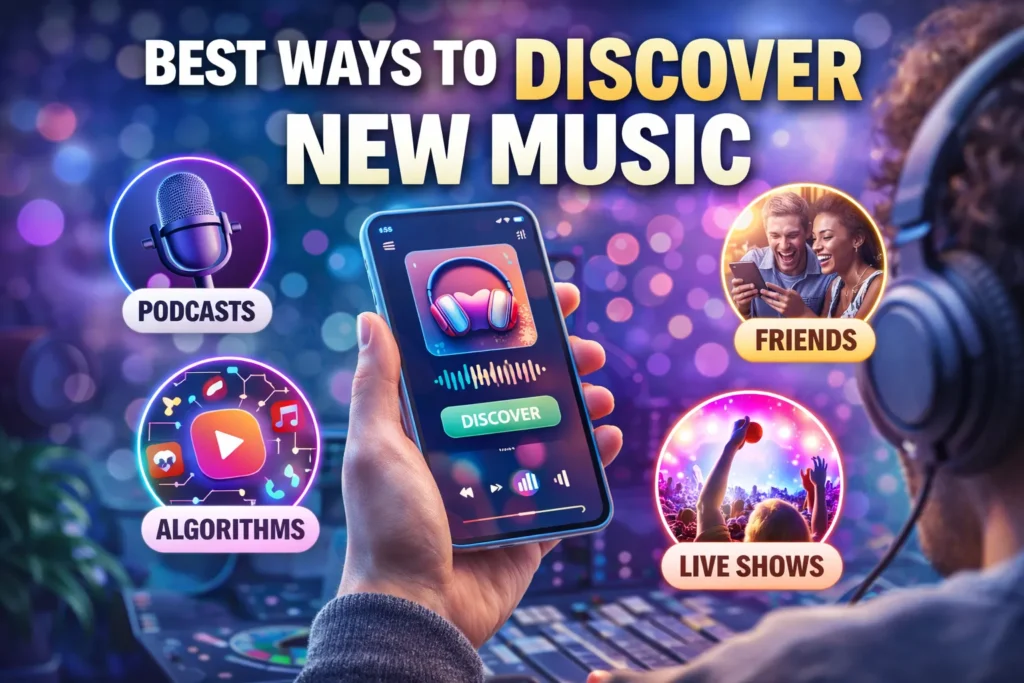 Thumbnail showing smartphone music app with icons for podcasts, algorithms, friends, and live shows under “Discover New Music” text