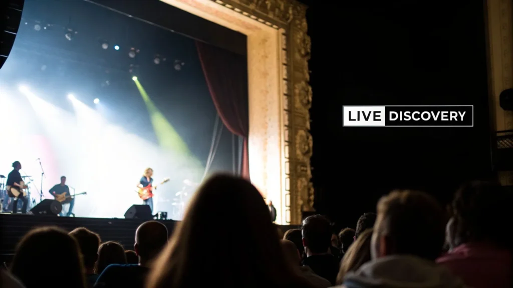 Best Ways to Discover New Music: Find Your Next Favorite Audience watching live concert with band on stage under bright lights, text “Live Discovery” indicating music exploration